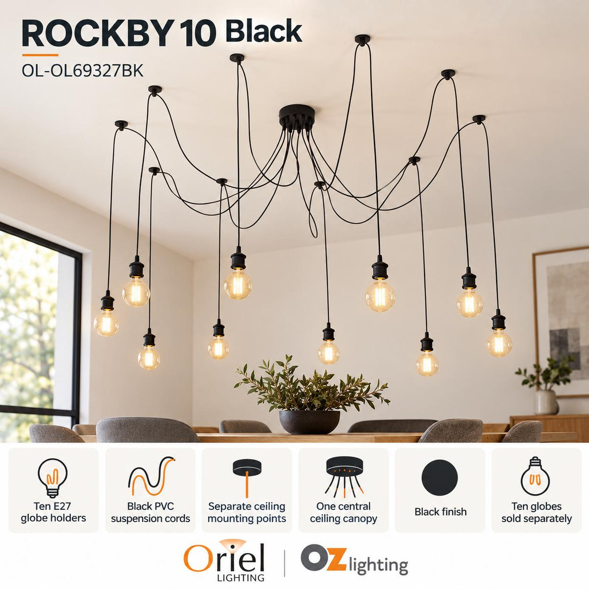 Oriel ROCKBY Pendant - 10 Light Dropper, Black-Oriel Lighting-Ozlighting.com.au