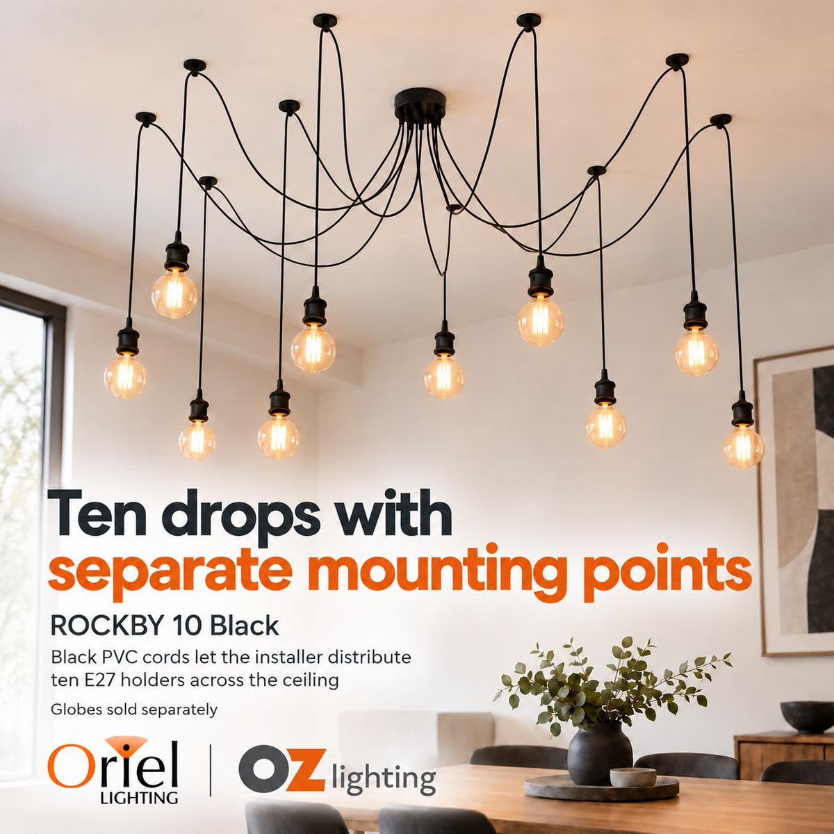 Oriel ROCKBY Pendant - 10 Light Dropper, Black-Oriel Lighting-Ozlighting.com.au
