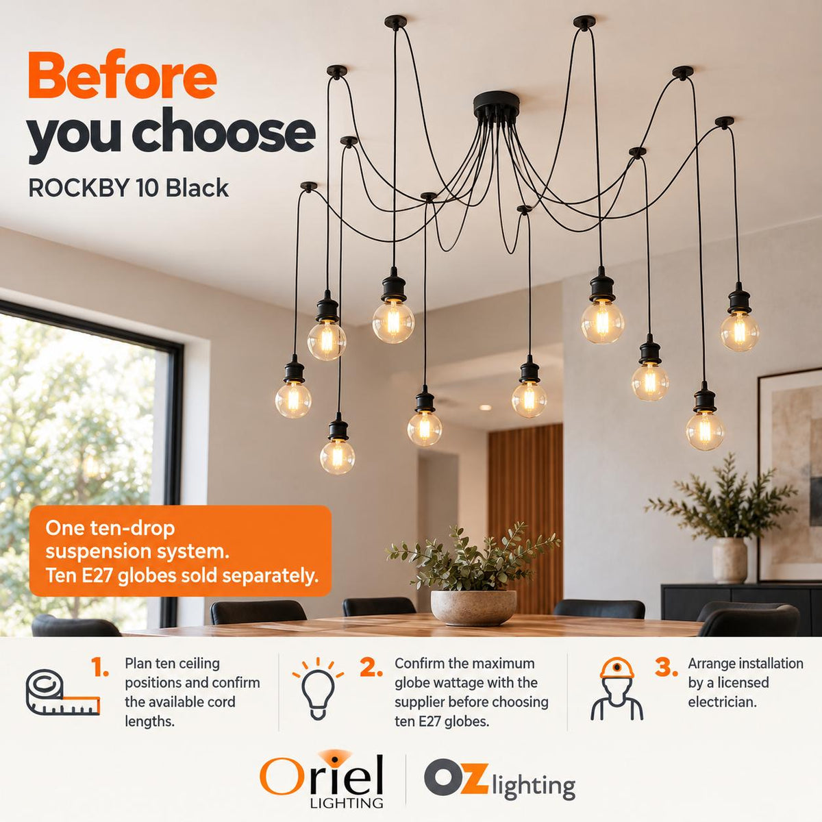 Oriel ROCKBY Pendant - 10 Light Dropper, Black-Oriel Lighting-Ozlighting.com.au