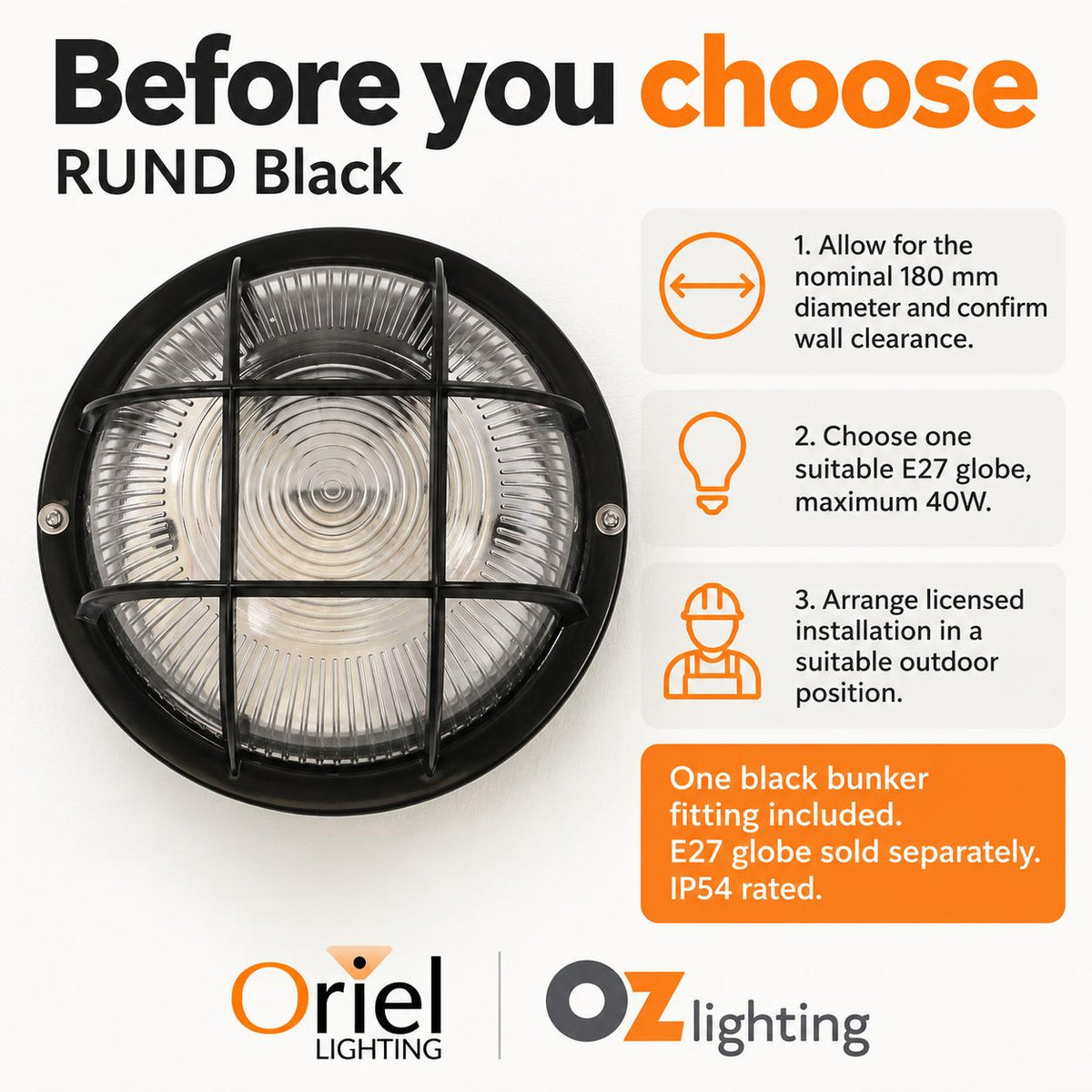 Oriel RUND Outdoor Bunker Light - Max. 40W-Oriel Lighting-Ozlighting.com.au
