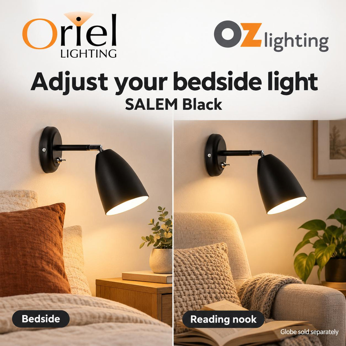 Oriel SALEM Wall Light - 1 Light Adjustable Interior, with Switch-Oriel Lighting-Ozlighting.com.au