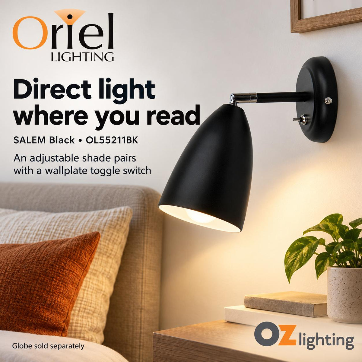 Oriel SALEM Wall Light - 1 Light Adjustable Interior, with Switch-Oriel Lighting-Ozlighting.com.au