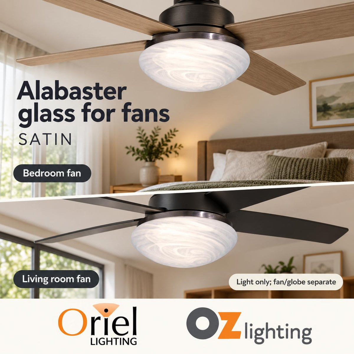 Oriel SATIN Ceiling Fan Light - Chrome & Alabaster — Two alternative uses; Light only; fan/globe separate — Ozlighting