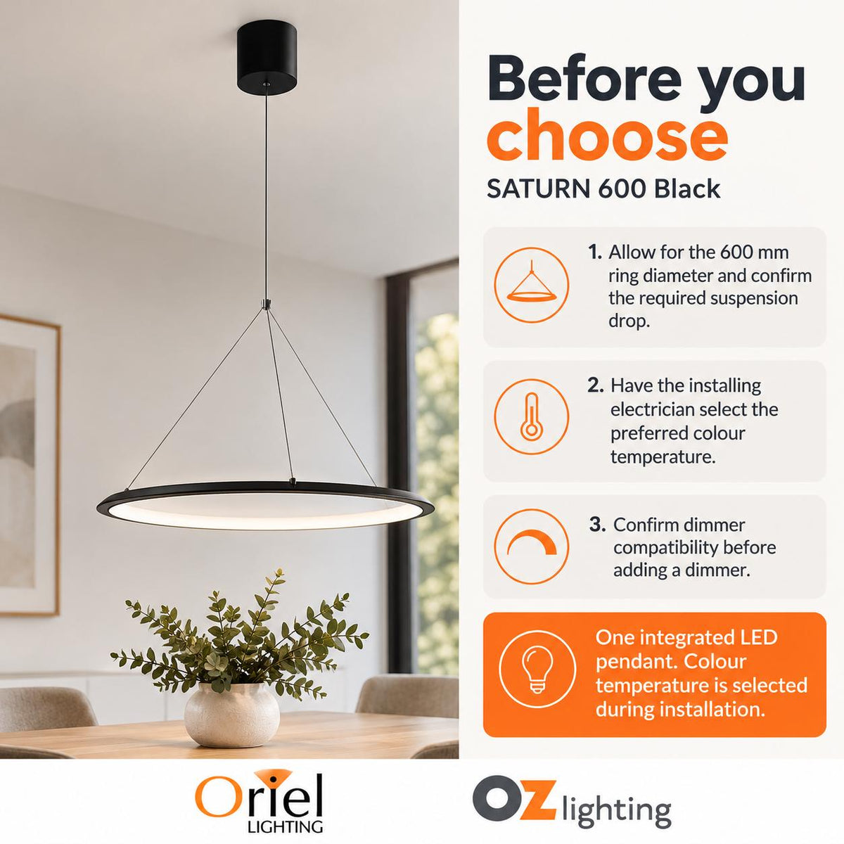 Oriel SATURN LED Pendant - 24W, Tri-Colour Dimmable-Oriel Lighting-Ozlighting.com.au