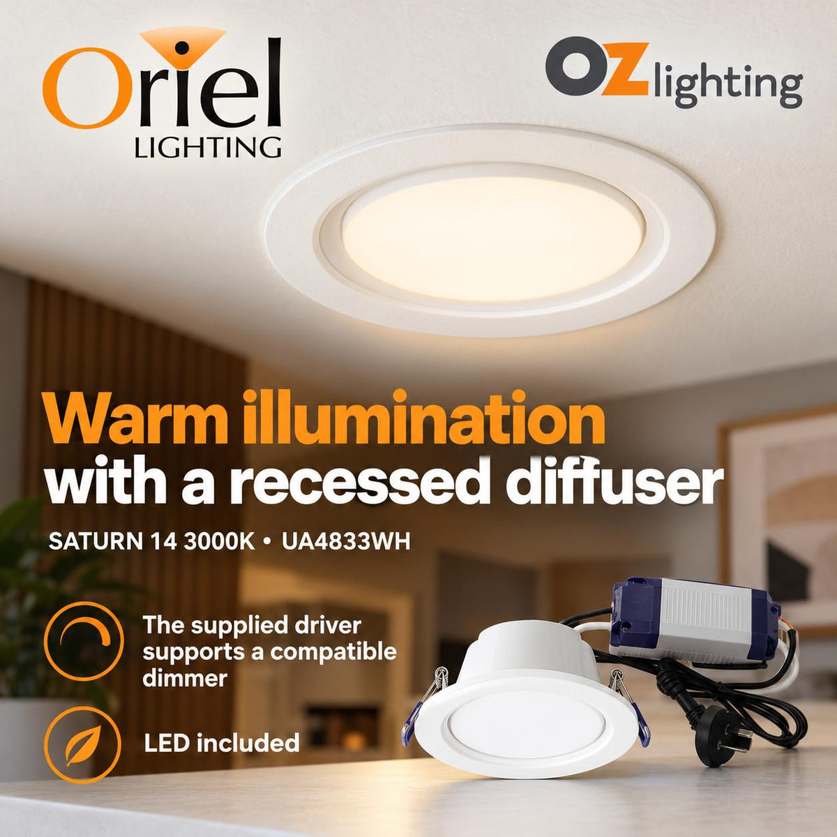 Oriel SATURN Recessed LED Downlight - 14W, 3000K-Oriel Lighting-Ozlighting.com.au