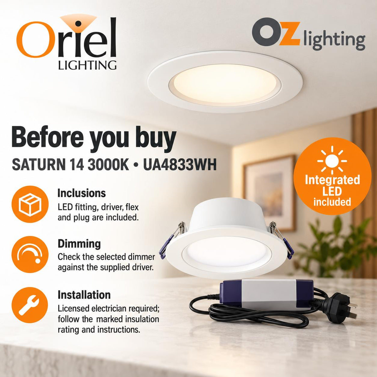 Oriel SATURN Recessed LED Downlight - 14W, 3000K-Oriel Lighting-Ozlighting.com.au
