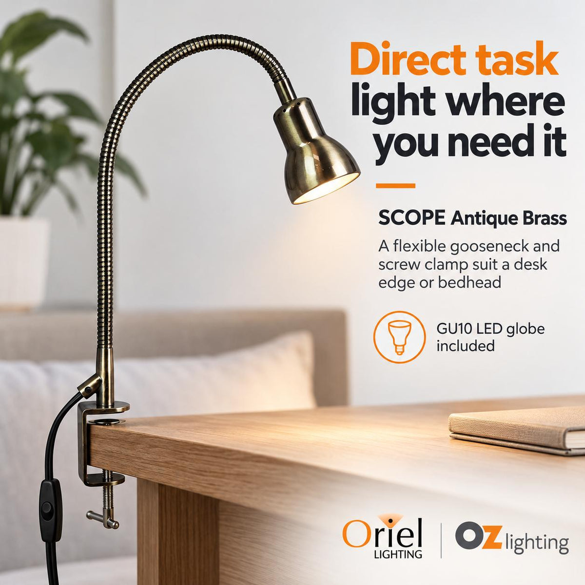 Oriel SCOPE Lamp - Adjustable Gooseneck Desk Clamp-Oriel Lighting-Ozlighting.com.au