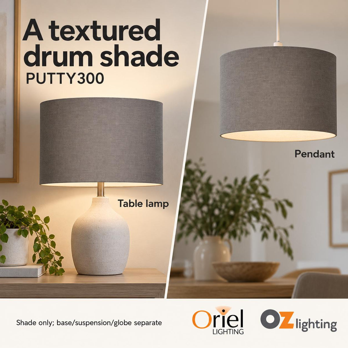 Oriel SHADE Drum Shade Only - Neutral Textured, TABLE LAMP BASE/SUSPENSION REQUIRED-Oriel Lighting-Ozlighting.com.au