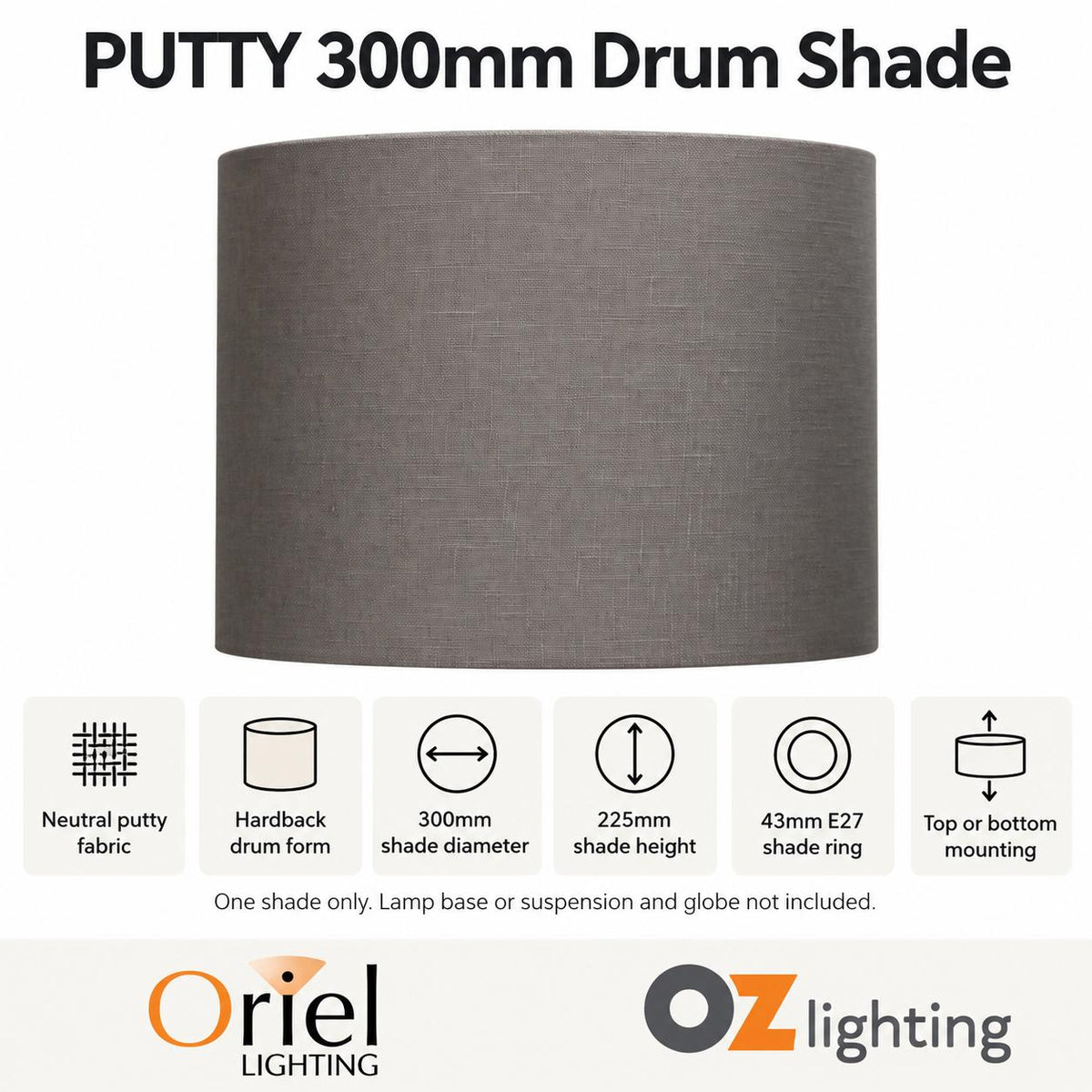 Oriel SHADE Drum Shade Only - Neutral Textured, TABLE LAMP BASE/SUSPENSION REQUIRED-Oriel Lighting-Ozlighting.com.au