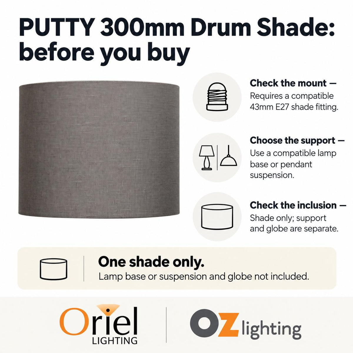 Oriel SHADE Drum Shade Only - Neutral Textured, TABLE LAMP BASE/SUSPENSION REQUIRED-Oriel Lighting-Ozlighting.com.au