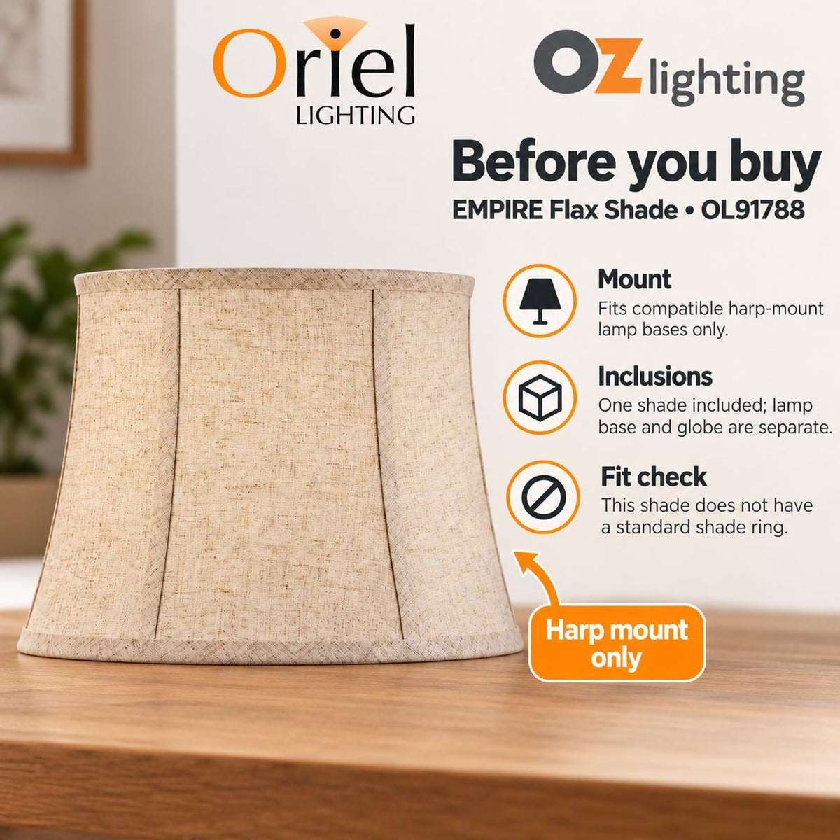 Oriel SHADE Lamp Shade Only - Harp Mount Empire Table, TABLE LAMP BASE REQUIRED-Oriel Lighting-Ozlighting.com.au