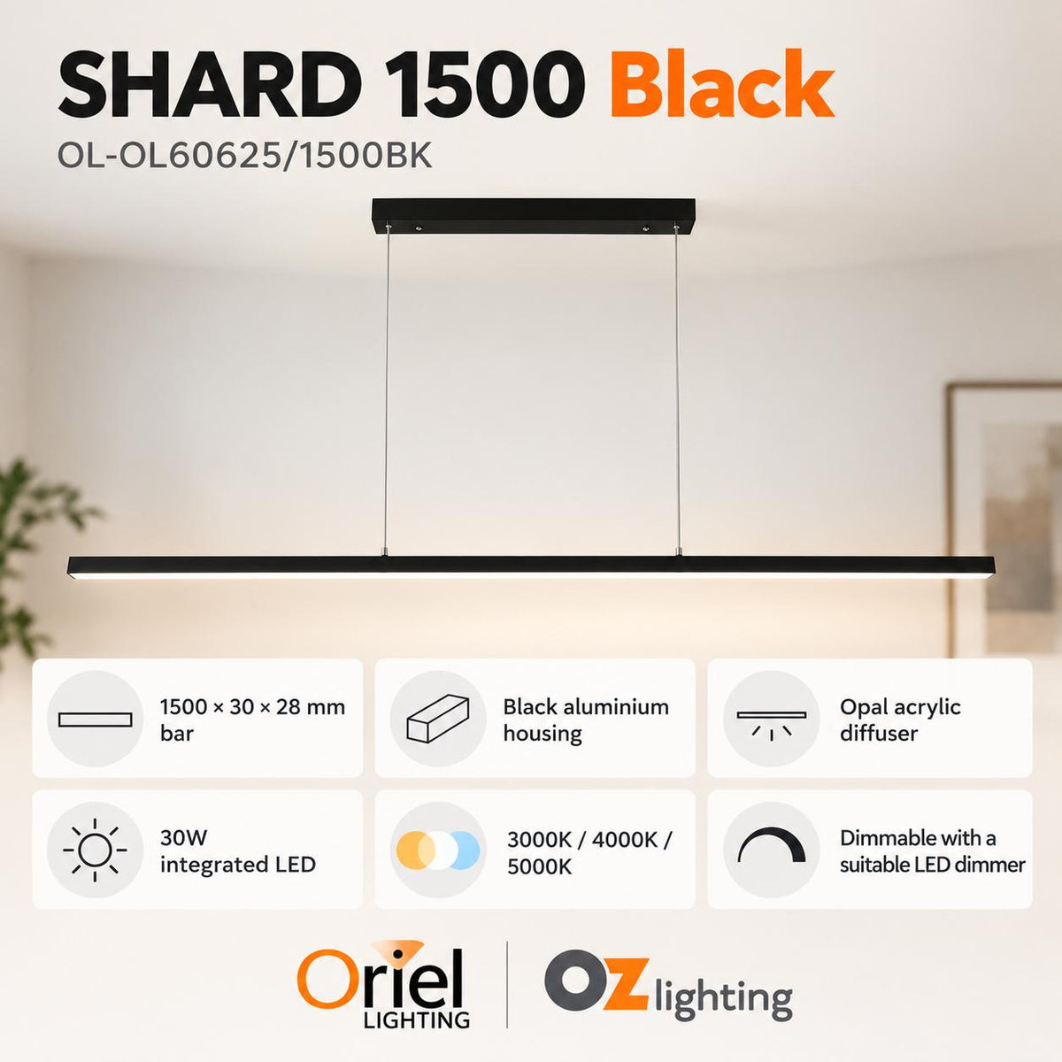 Oriel SHARD LED Pendant - Slimline 1500mm Tri-Colour Linear-Oriel Lighting-Ozlighting.com.au