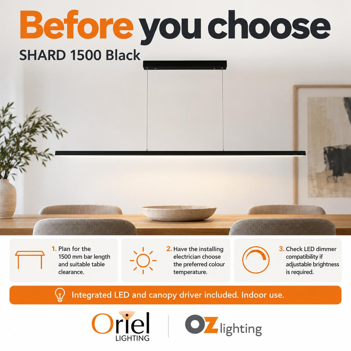 Oriel SHARD LED Pendant - Slimline 1500mm Tri-Colour Linear-Oriel Lighting-Ozlighting.com.au