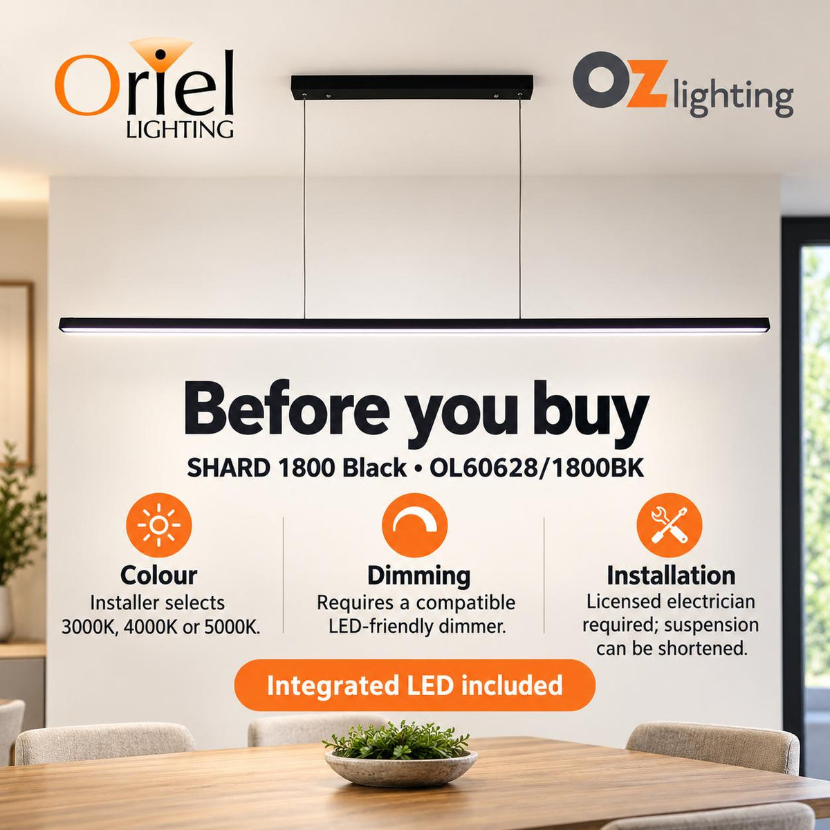 Oriel SHARD LED Pendant - Slimline 1800mm Tri-Colour Linear-Oriel Lighting-Ozlighting.com.au