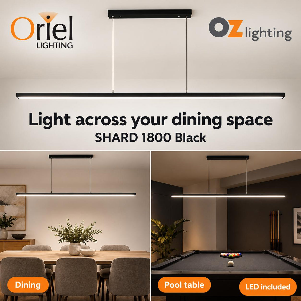 Oriel SHARD LED Pendant - Slimline 1800mm Tri-Colour Linear-Oriel Lighting-Ozlighting.com.au