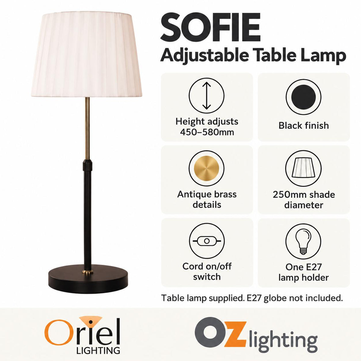 Oriel SOFIE Table Lamp - Max. 40W, Adjustable — Verified product details — Ozlighting