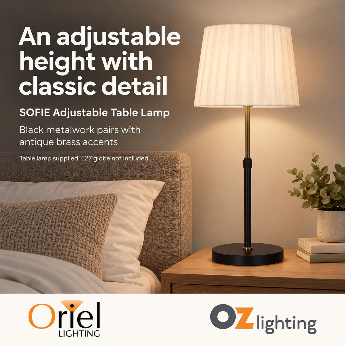 Oriel SOFIE Table Lamp - Max. 40W, Adjustable — Verified design benefit; Globe sold separately — Ozlighting