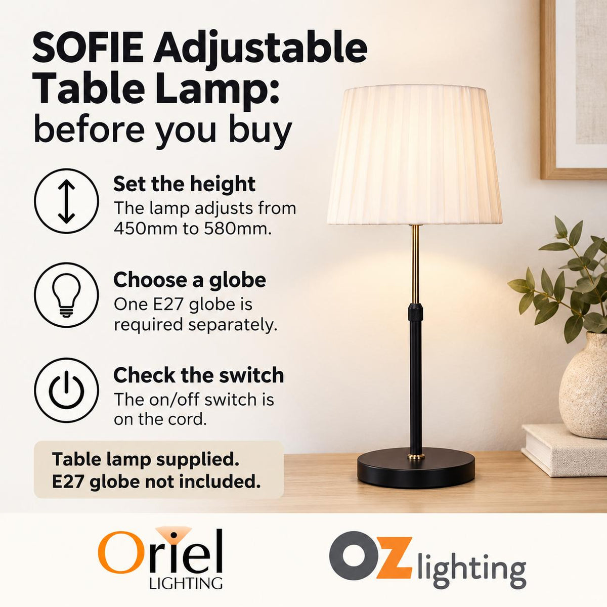 Oriel SOFIE Table Lamp - Max. 40W, Adjustable — Practical choosing and inclusion advice — Ozlighting