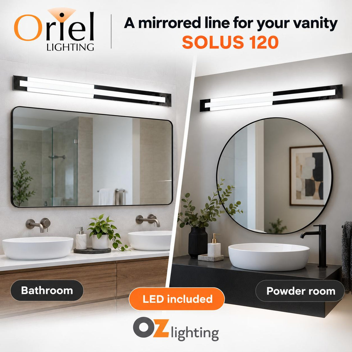 Oriel SOLUS LED Vanity Wall Light - 120cm Mirrored, IP44-Oriel Lighting-Ozlighting.com.au