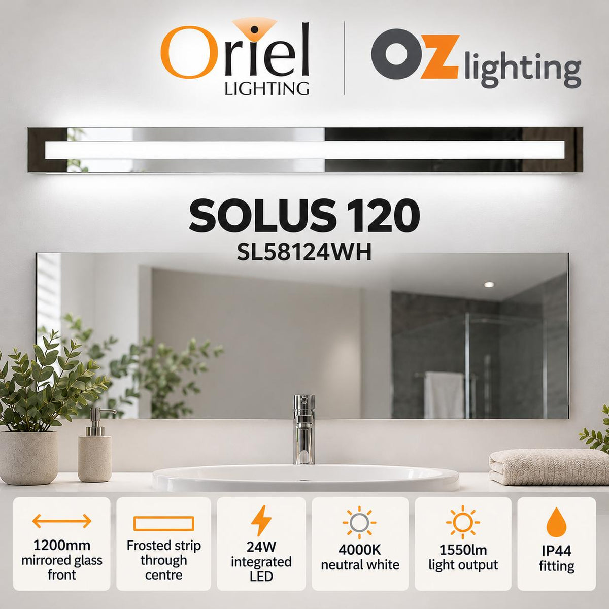 Oriel SOLUS LED Vanity Wall Light - 120cm Mirrored, IP44-Oriel Lighting-Ozlighting.com.au