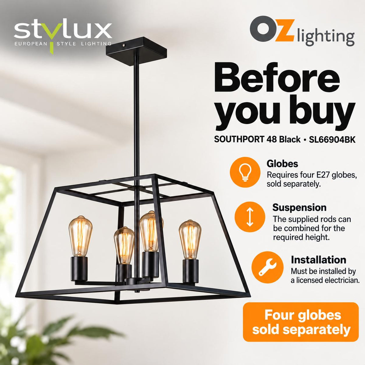 Oriel SOUTHPORT.48 Pendant - 4 Light Urban Retro, Black-Oriel Lighting-Ozlighting.com.au