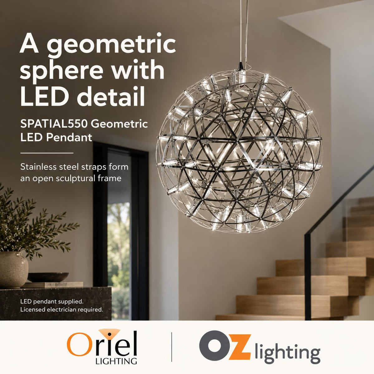 Oriel SPATIAL LED Pendant - Geometric Metal — Verified design benefit; LED included — Ozlighting