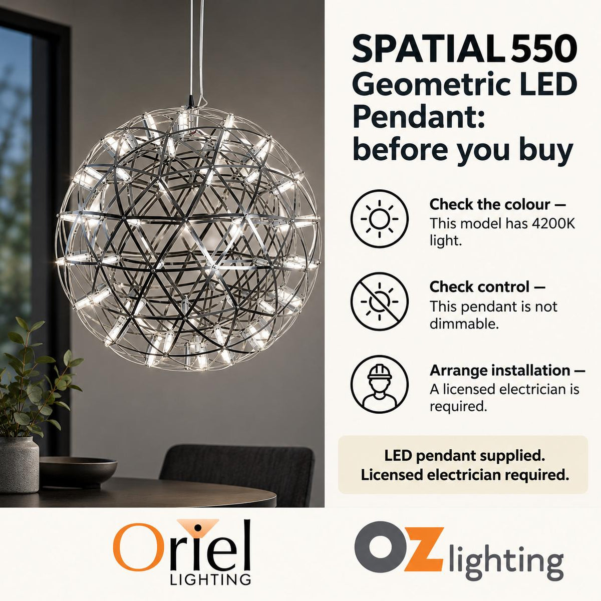 Oriel SPATIAL LED Pendant - Geometric Metal — Practical choosing and inclusion advice — Ozlighting