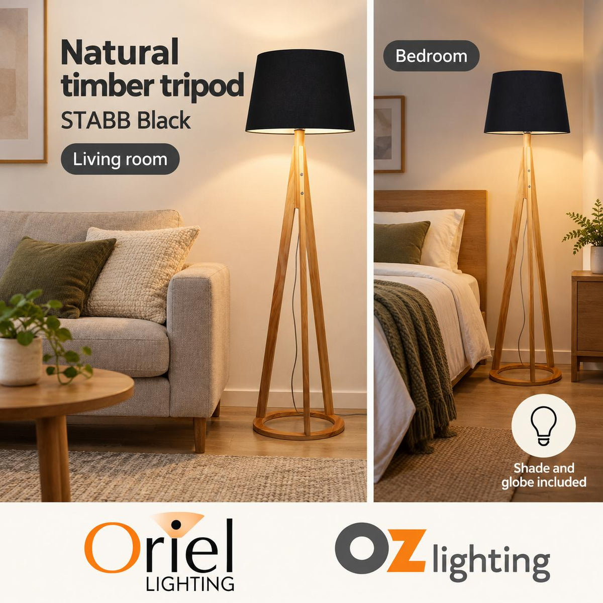 Oriel STABB Tripod Floor Lamp - with Shade-Oriel Lighting-Ozlighting.com.au