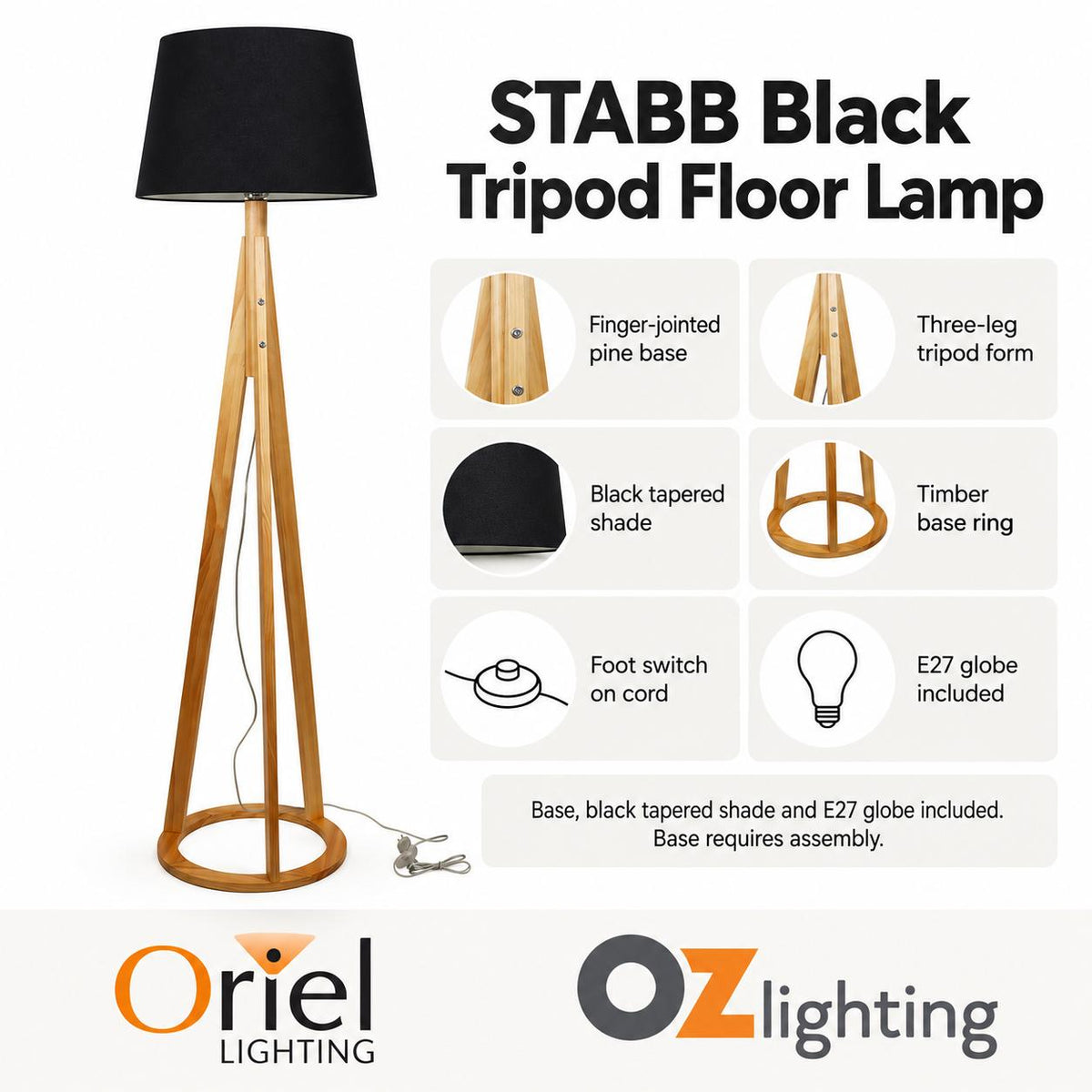 Oriel STABB Tripod Floor Lamp - with Shade-Oriel Lighting-Ozlighting.com.au