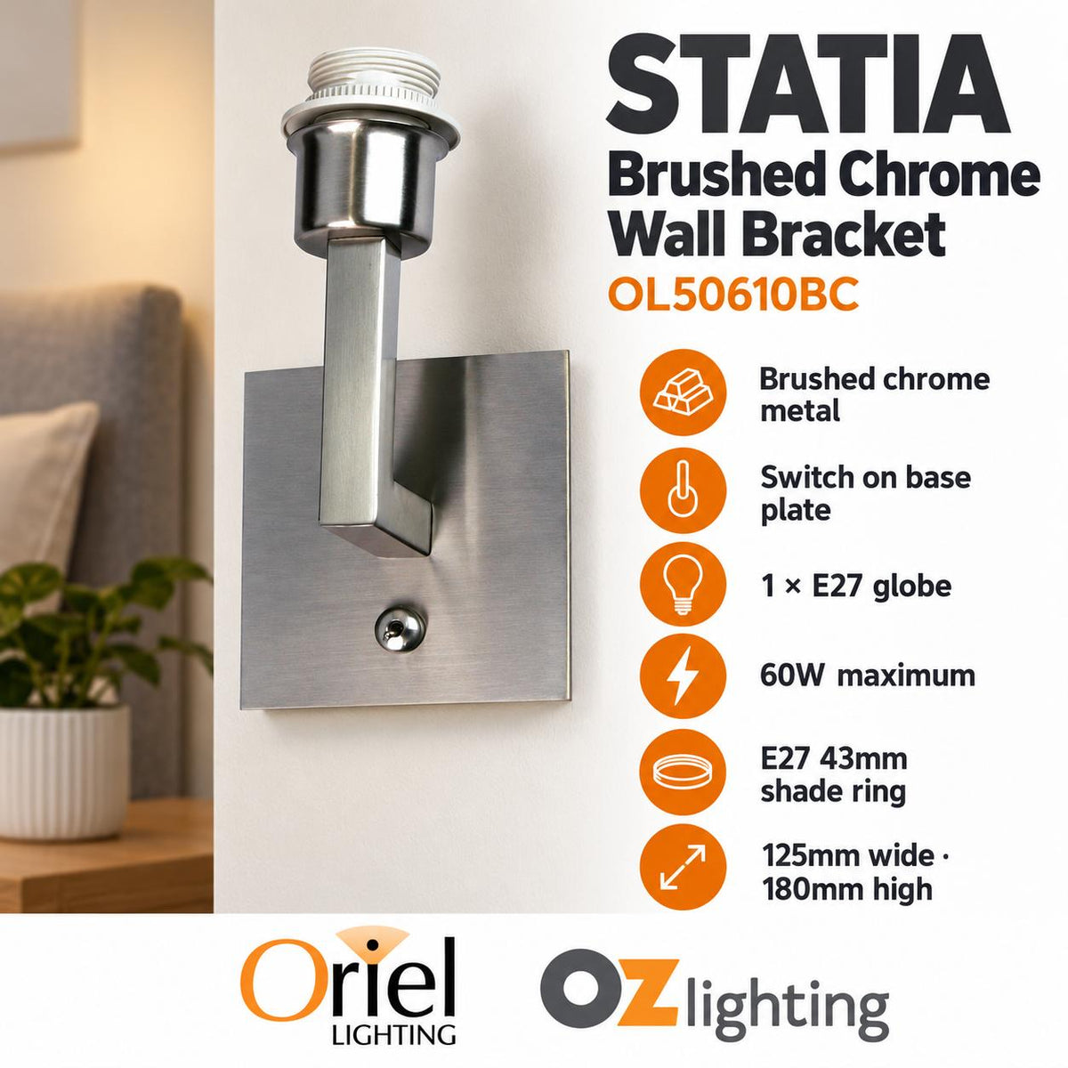 Oriel STATIA Wall Light - Brushed Chrome E27, with Switch — verified product details