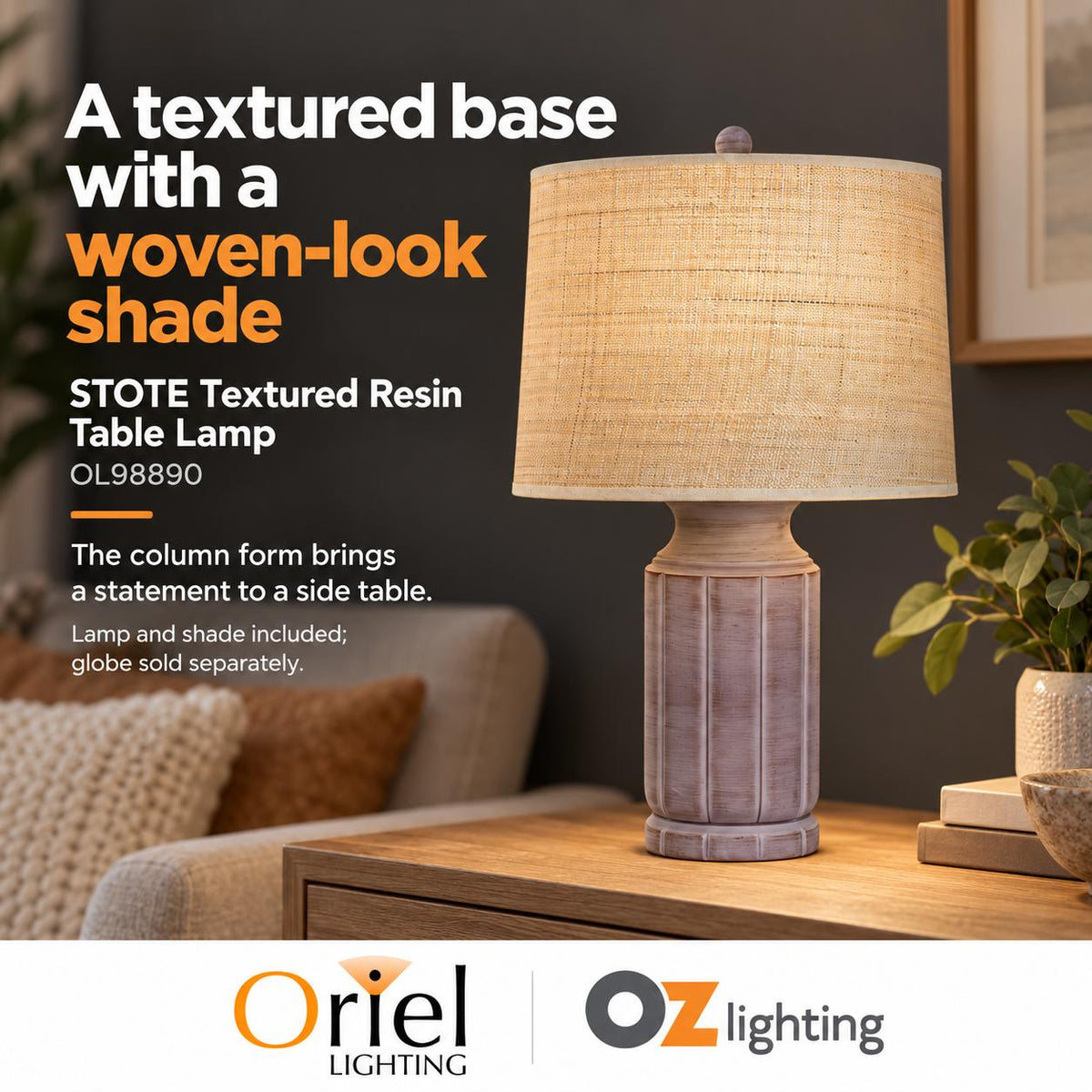Oriel STOTE Table Lamp - 54cm Resin, with Brown Raffia Shade — verified design benefit; Shade included; globe separate