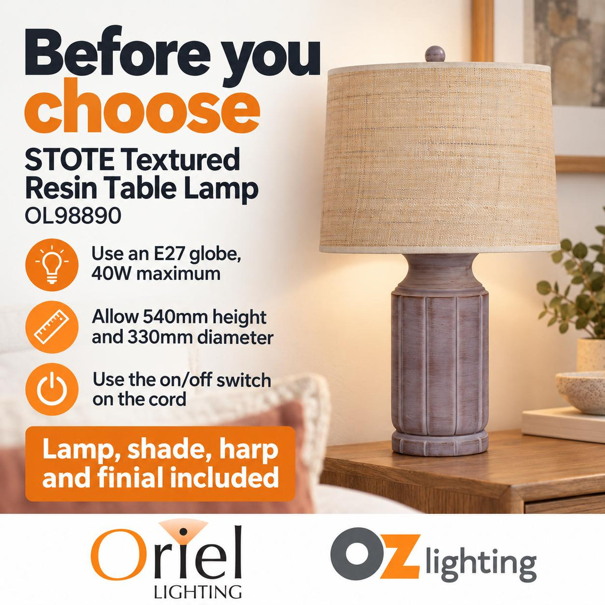 Oriel STOTE Table Lamp - 54cm Resin, with Brown Raffia Shade — practical choosing, inclusion and care advice