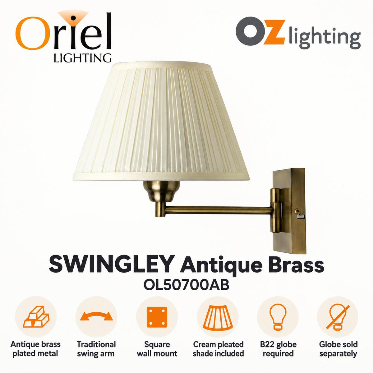 Oriel SWINGLEY Wall Light - 1 Light Traditional Swing Arm-Oriel Lighting-Ozlighting.com.au