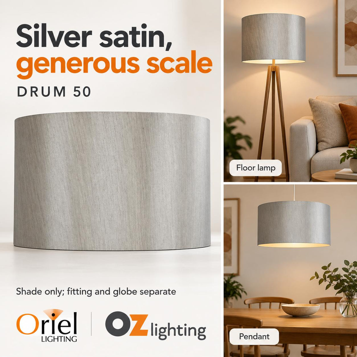 Oriel Shade - 50cm Drum Satin, Silver-Oriel Lighting-Ozlighting.com.au