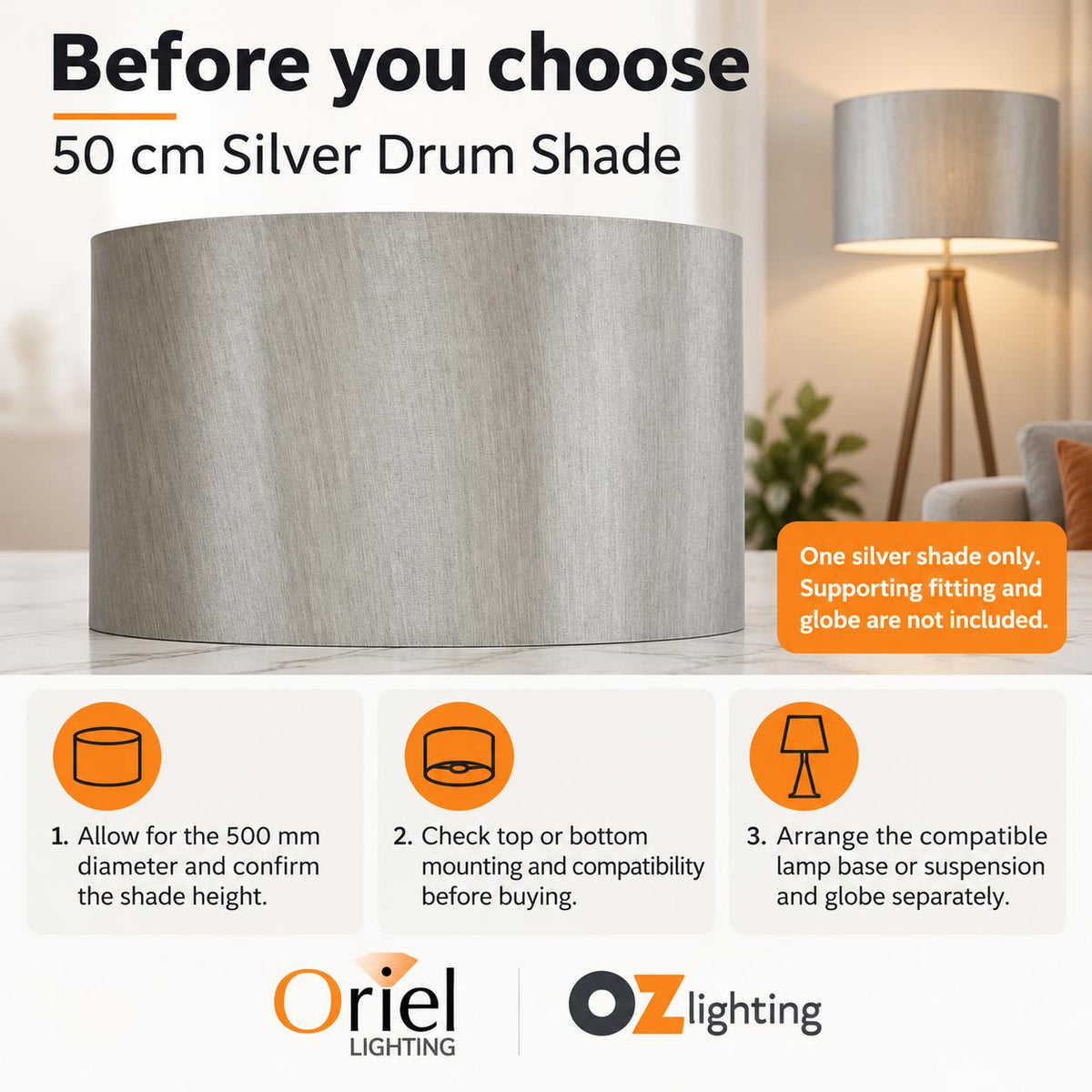 Oriel Shade - 50cm Drum Satin, Silver-Oriel Lighting-Ozlighting.com.au