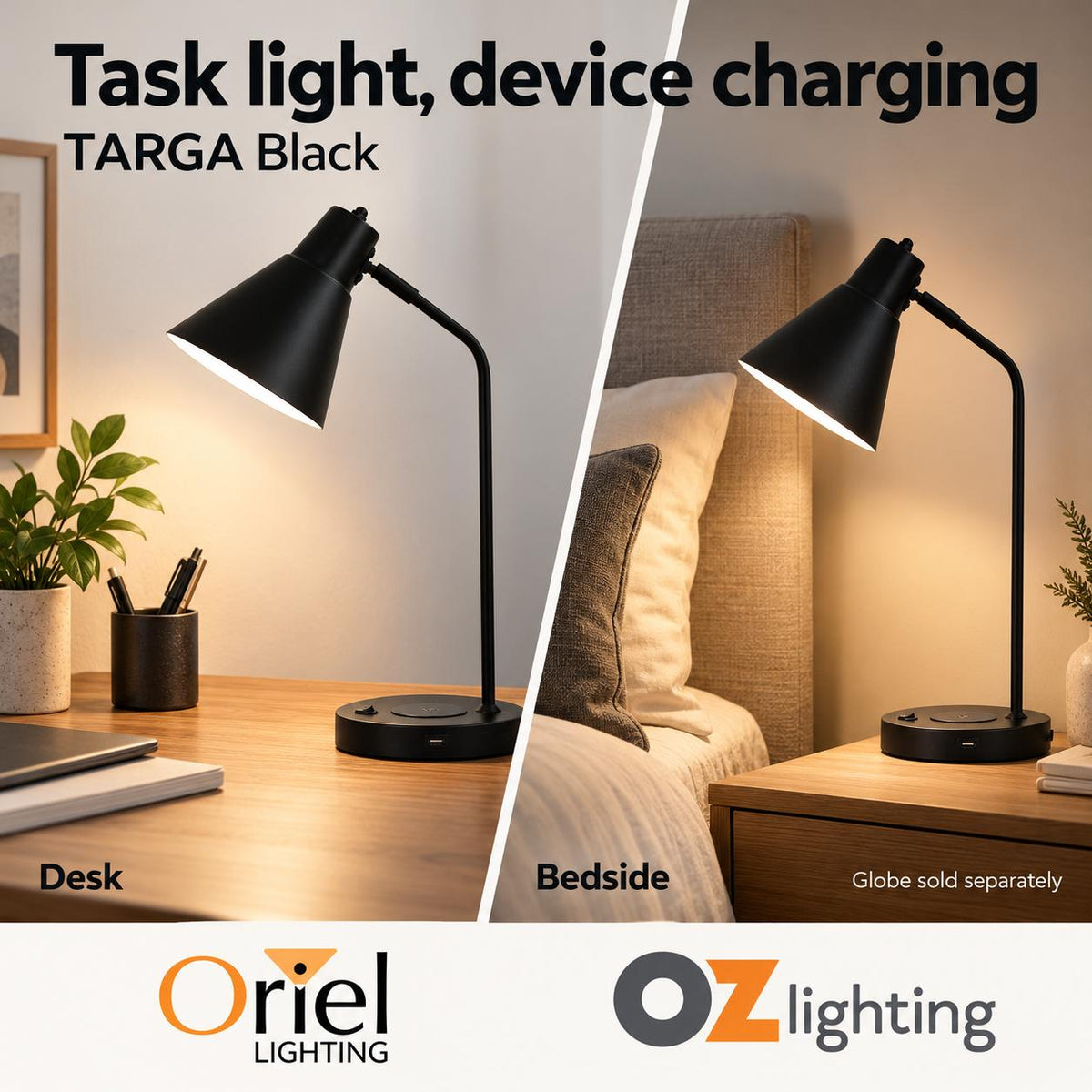 Oriel TARGA Desk & Table Lamp - with USB Socket and Wireless Charging-Oriel Lighting-Ozlighting.com.au