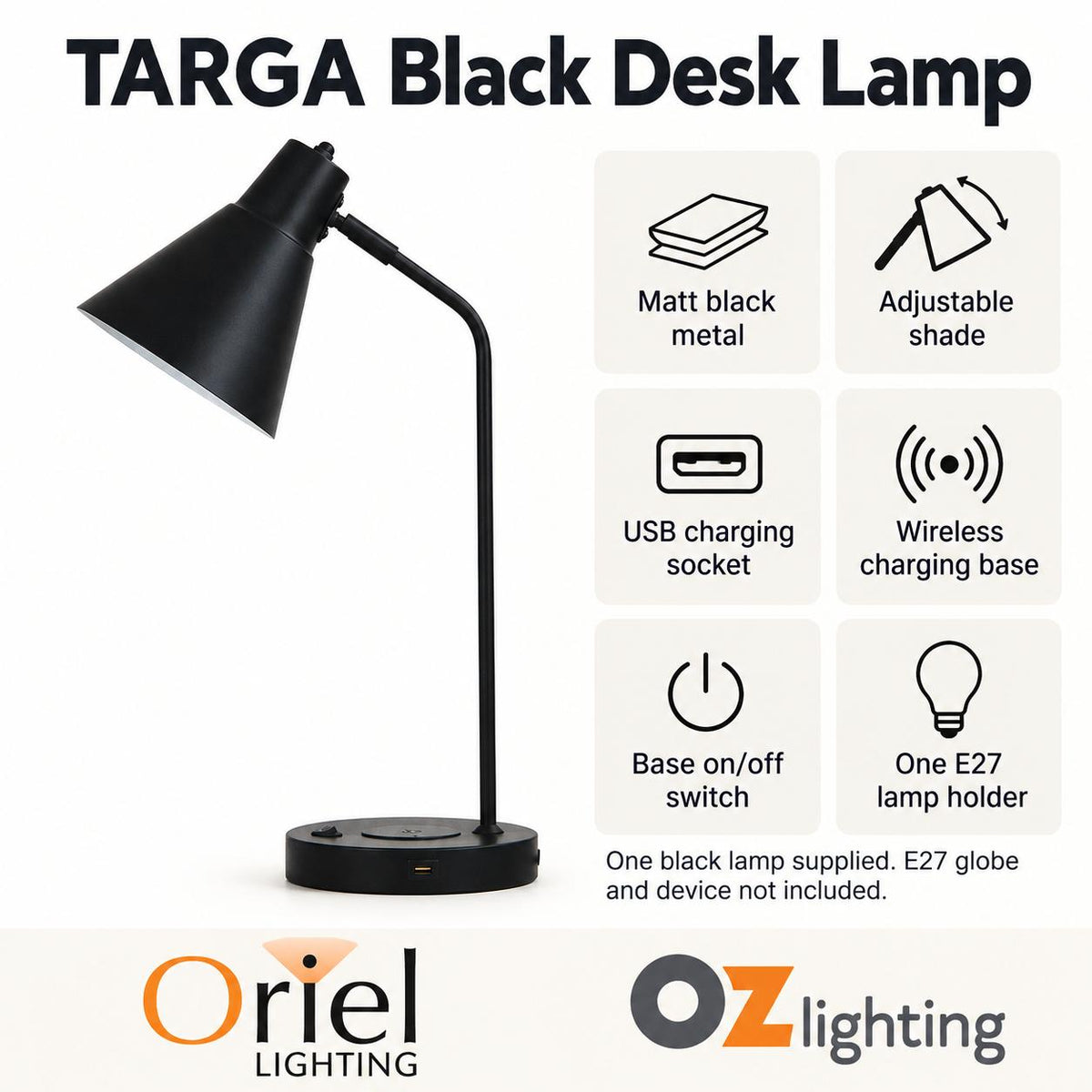 Oriel TARGA Desk & Table Lamp - with USB Socket and Wireless Charging-Oriel Lighting-Ozlighting.com.au