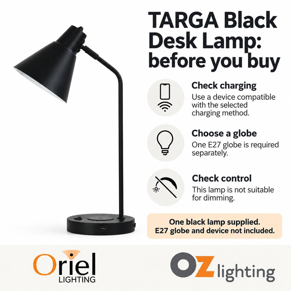 Oriel TARGA Desk & Table Lamp - with USB Socket and Wireless Charging-Oriel Lighting-Ozlighting.com.au