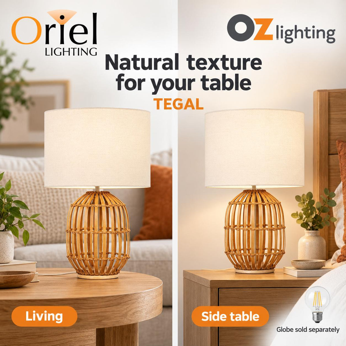 Oriel TEGAL Table Lamp - Bamboo, with Beige Linen Shade-Oriel Lighting-Ozlighting.com.au