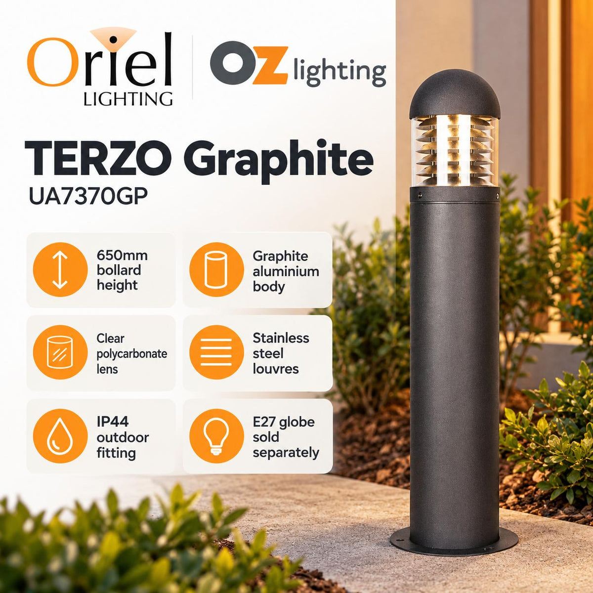 Oriel TERZO Outdoor Bollard Light - 650mm Garden, IP44-Oriel Lighting-Ozlighting.com.au
