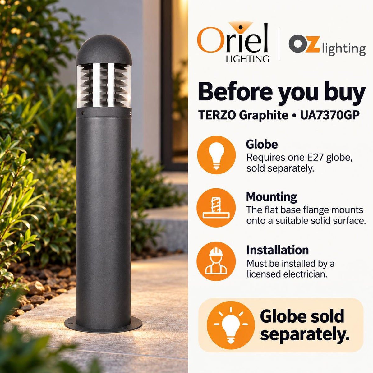 Oriel TERZO Outdoor Bollard Light - 650mm Garden, IP44-Oriel Lighting-Ozlighting.com.au