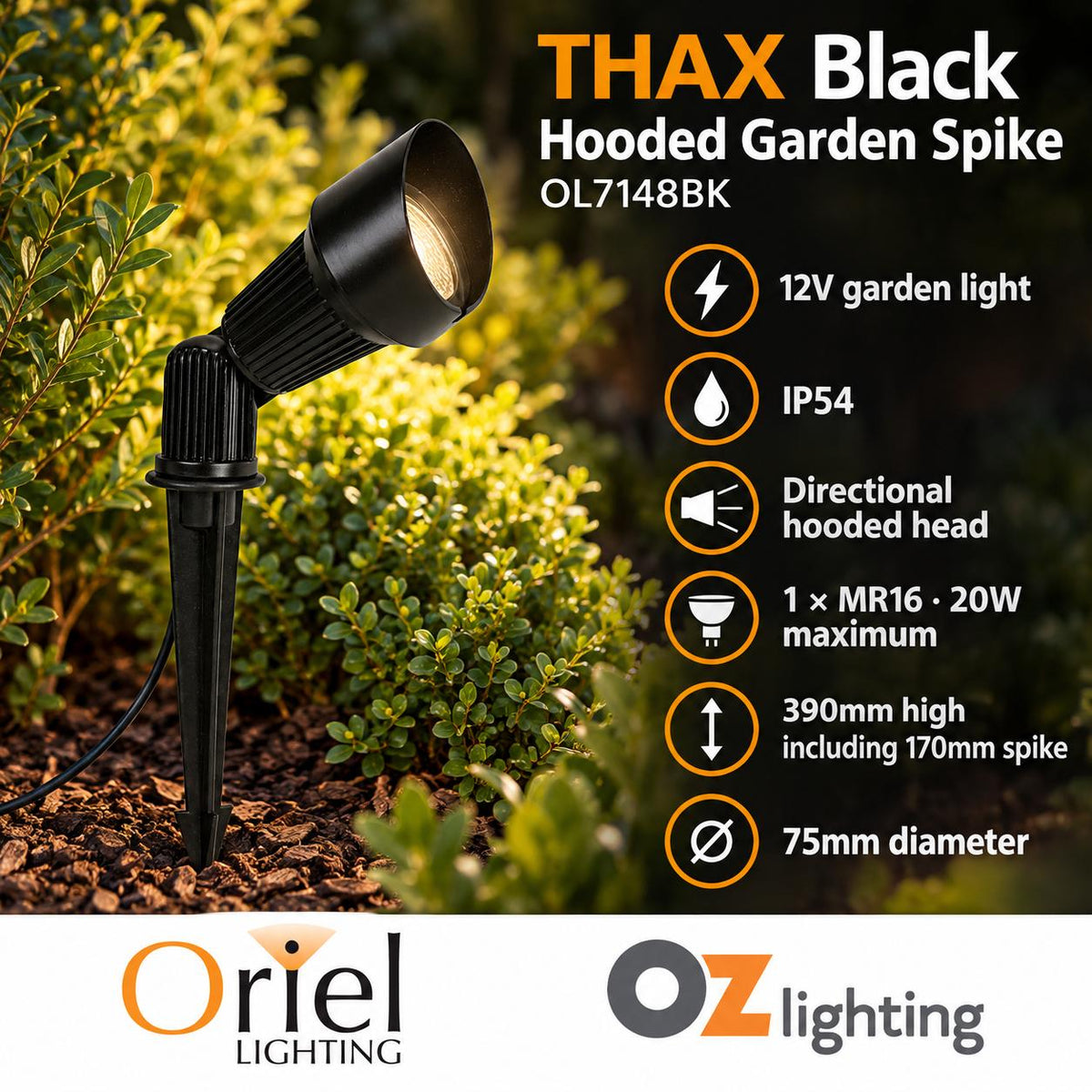 Oriel THAX Outdoor Spike Light - 12V Garden Hooded, IP54 - DRIVER REQUIRED-Oriel Lighting-Ozlighting.com.au
