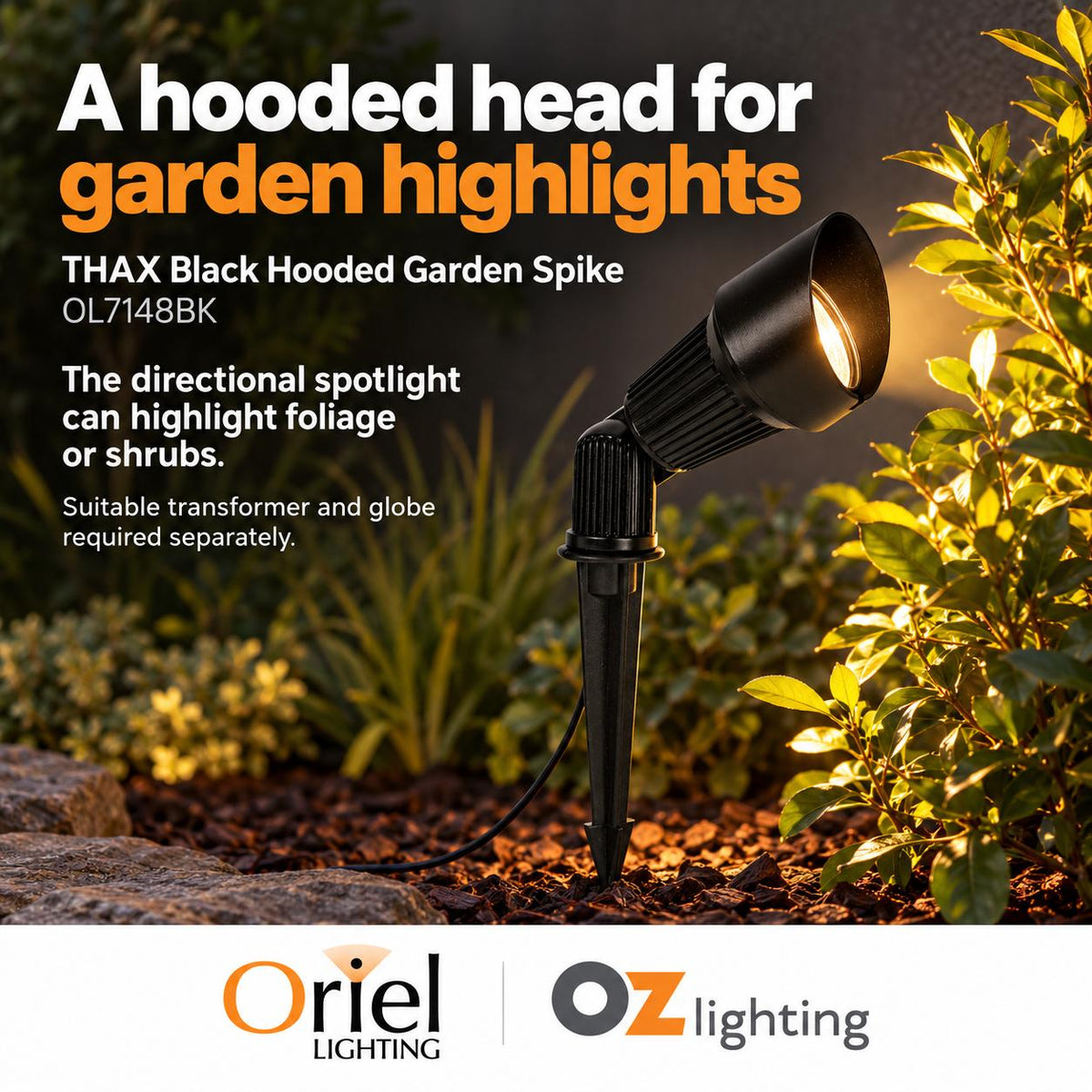 Oriel THAX Outdoor Spike Light - 12V Garden Hooded, IP54 - DRIVER REQUIRED-Oriel Lighting-Ozlighting.com.au