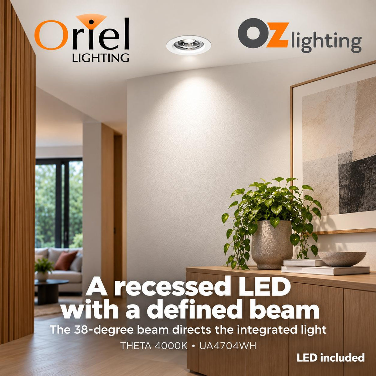 Oriel THETA Recessed LED Downlight - 13W, IP44, 4000K — verified design benefit; LED included