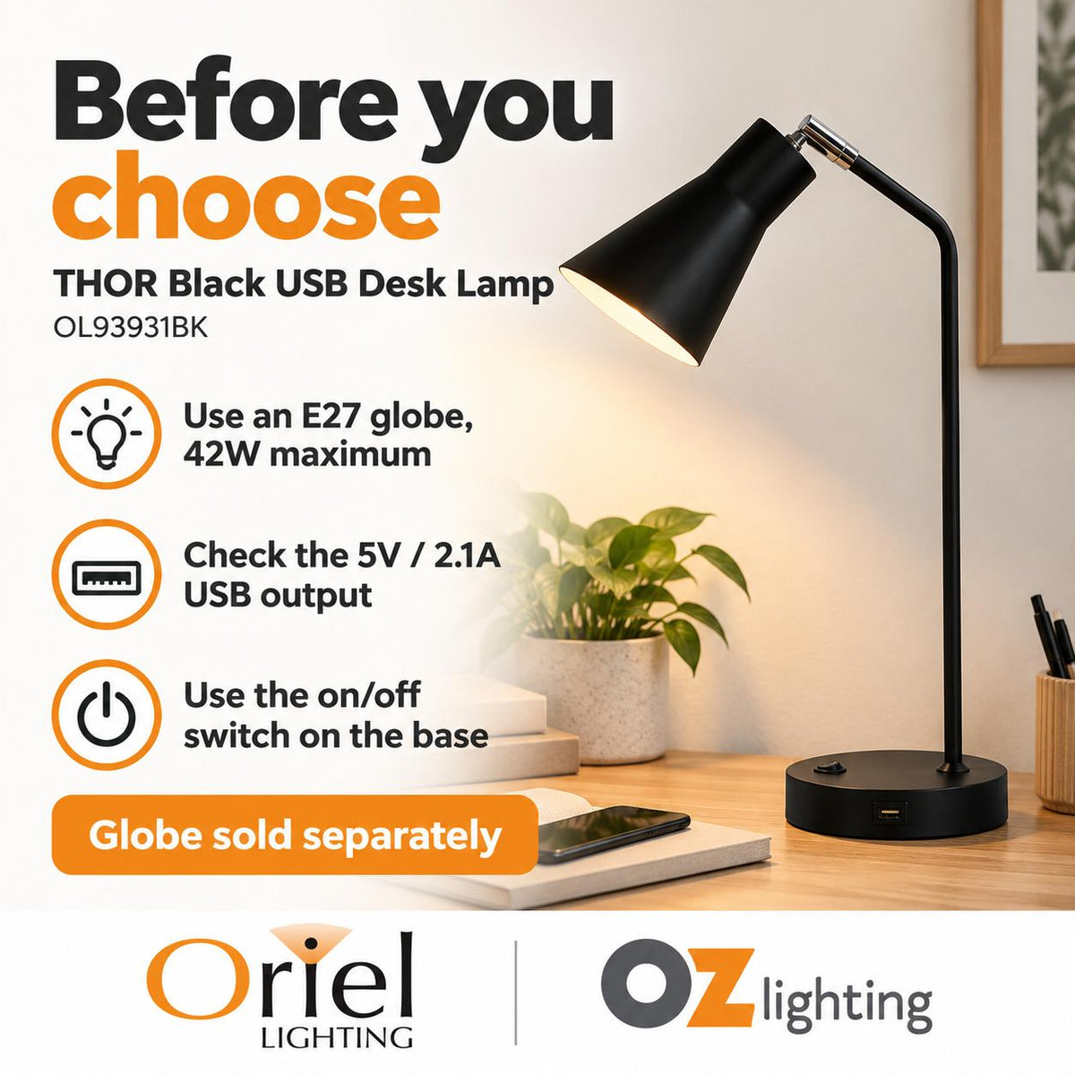 Oriel THOR Desk & Table Lamp - with USB Socket-Oriel Lighting-Ozlighting.com.au