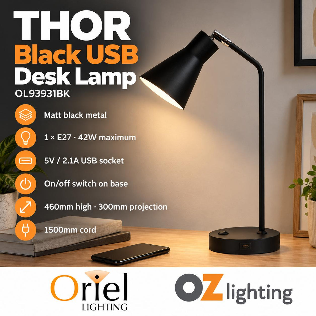 Oriel THOR Desk & Table Lamp - with USB Socket-Oriel Lighting-Ozlighting.com.au