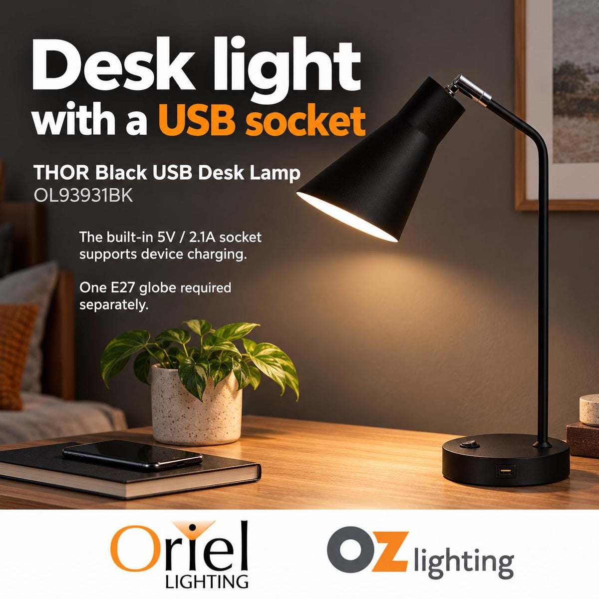 Oriel THOR Desk & Table Lamp - with USB Socket-Oriel Lighting-Ozlighting.com.au
