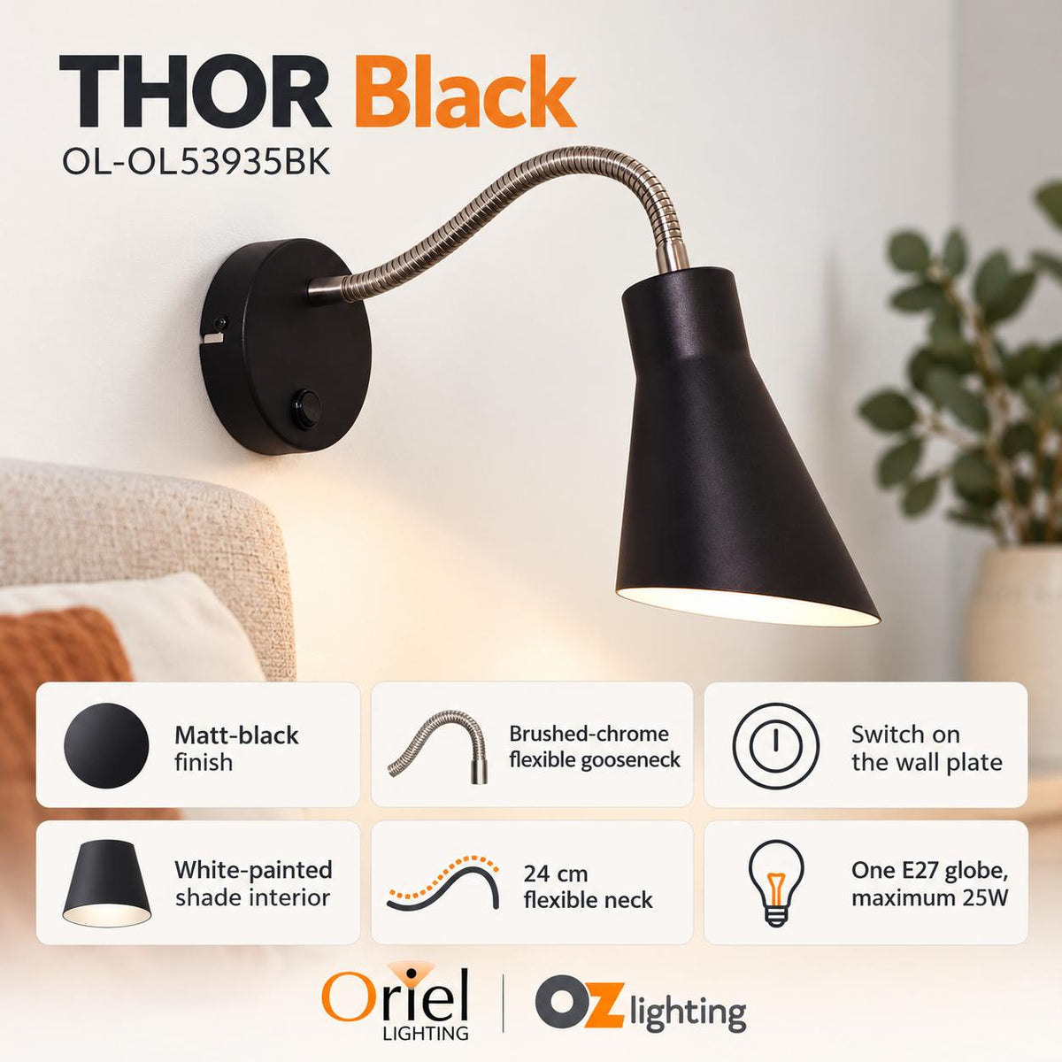 Oriel THOR Wall Light - 25W, Switched Flexible-Oriel Lighting-Ozlighting.com.au