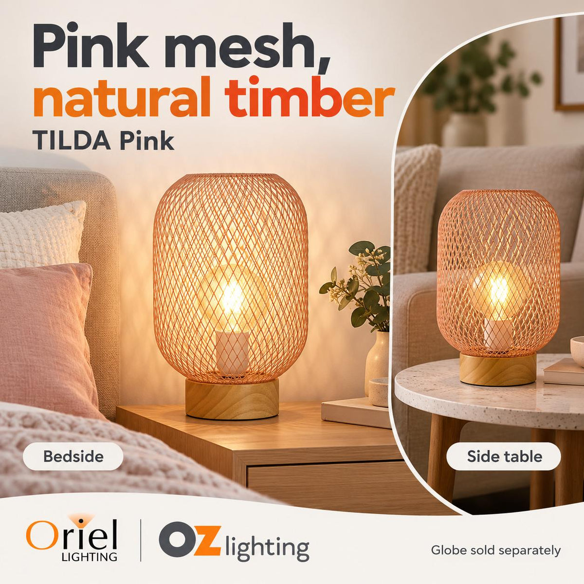 Oriel TILDA Table Lamp - Mesh, Pink-Oriel Lighting-Ozlighting.com.au