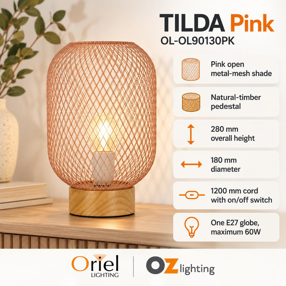 Oriel TILDA Table Lamp - Mesh, Pink-Oriel Lighting-Ozlighting.com.au
